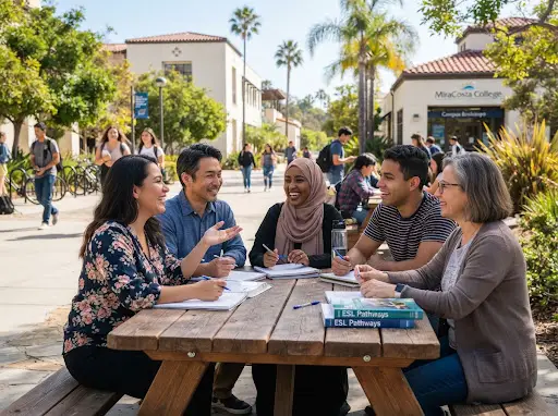 ESL students smiling and preparing together on California adult school campus